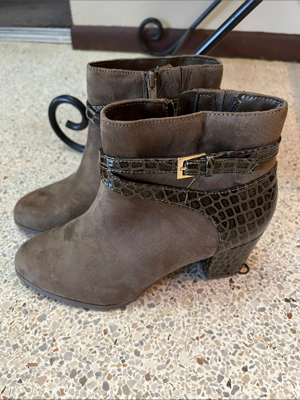 New Women's Taupe Suede Ankle Boots with Croc Accent